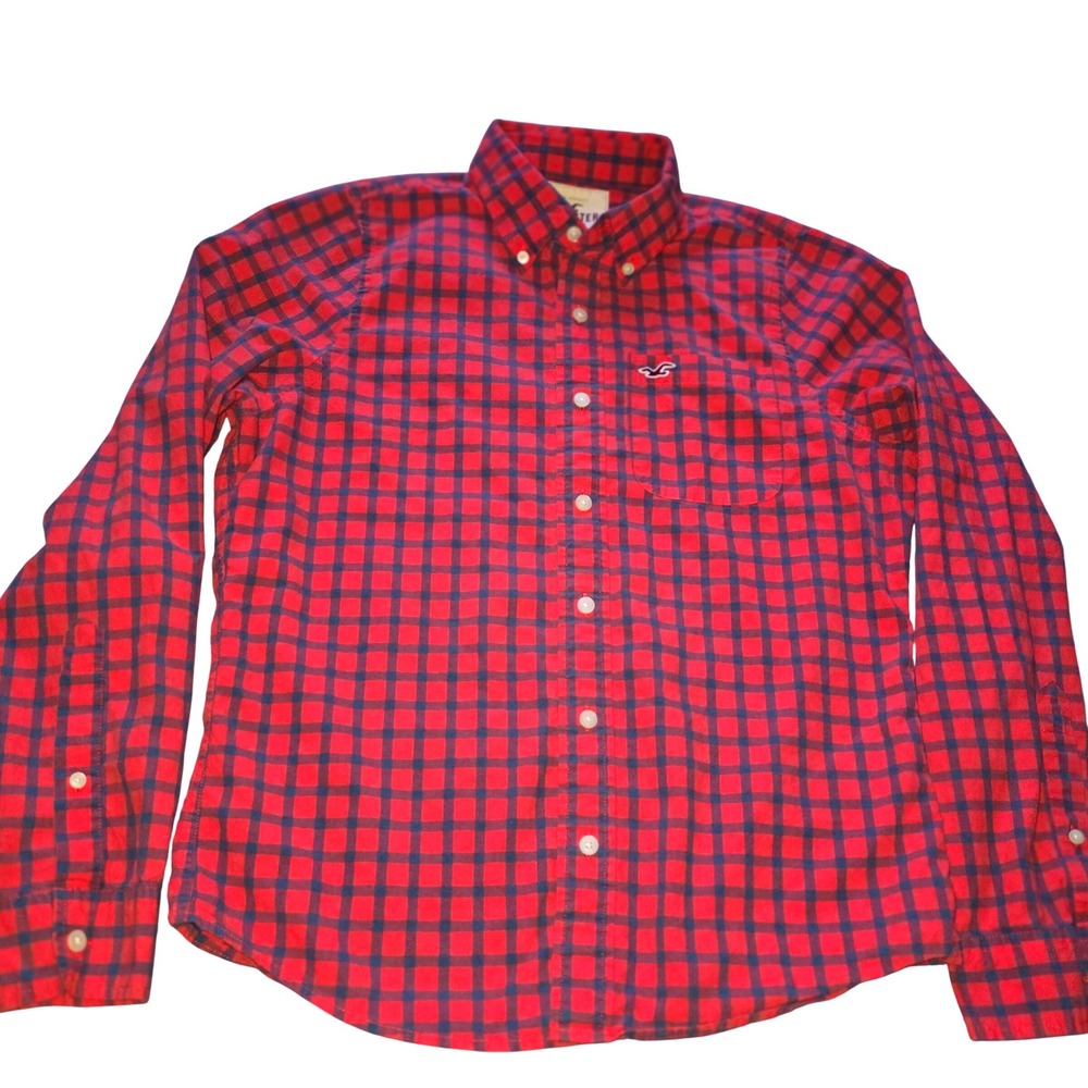 Hollister Red Navy Checkered Long Sleeve Button Down‎ Shirt Men's Size L